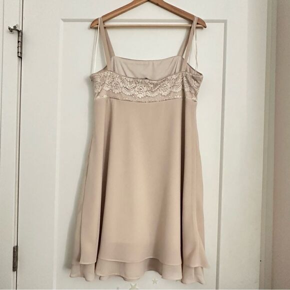Formal Neutral Prom Wedding Sleeveless Lace Y2K Beaded Flowy Sheer Mini Dress - Picture 10 of 13